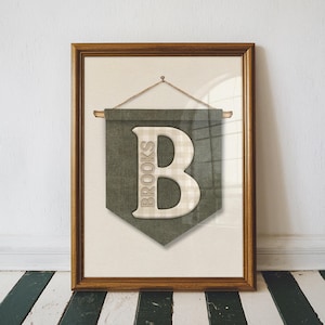 May include: Framed wall art featuring a green banner with a large, off-white letter "B" and the name "Brooks" printed vertically. The letter has a plaid pattern. The frame is a warm brown color, and the background is a neutral beige.