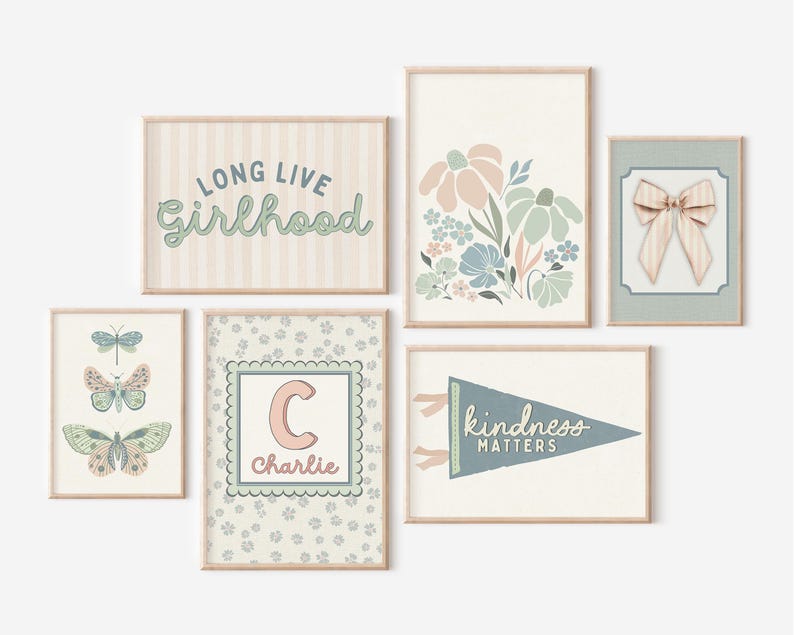 Girls Gallery Wall Set of 6 Prints Blush Pink Nursery Decor Pastel ...