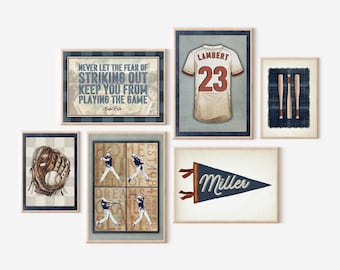 Lot de 6 art baseball pour chambre des garçons galerie murale baseball citation art mural nom personnalisé fanion drapeau imprimable sport pépinière bohème décoration de chambre garçons