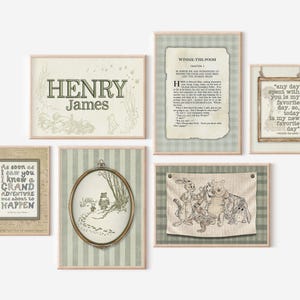 May include: A set of framed art prints with Winnie the Pooh imagery and quotes. The prints include text that reads "Henry James", "As soon as I saw you I knew a grand adventure was about to happen", and "any day spent with you is my favorite day."