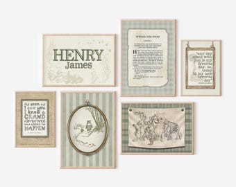 Winnie Pooh Nursery Wall Art Print Set Baby Room Decor Green Gingham Nursery Name Vintage Style Baby Gift Embroidered Custom Name Wall Art