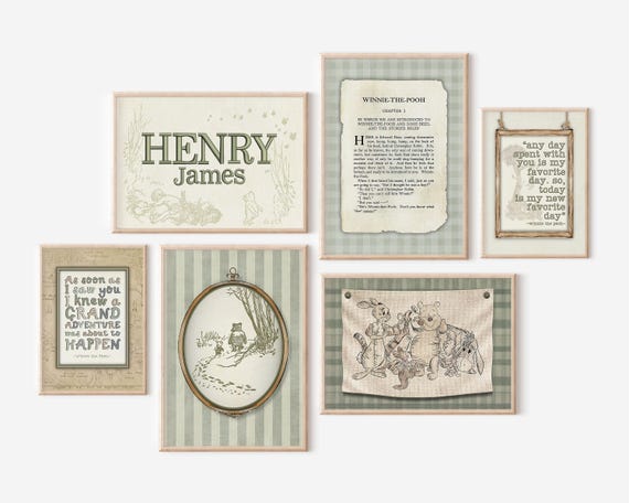 Winnie Pooh Nursery Wall Art Print Set Baby Room Decor Green Gingham Nursery Name Vintage Style Baby Gift Embroidered Custom Name Wall Art