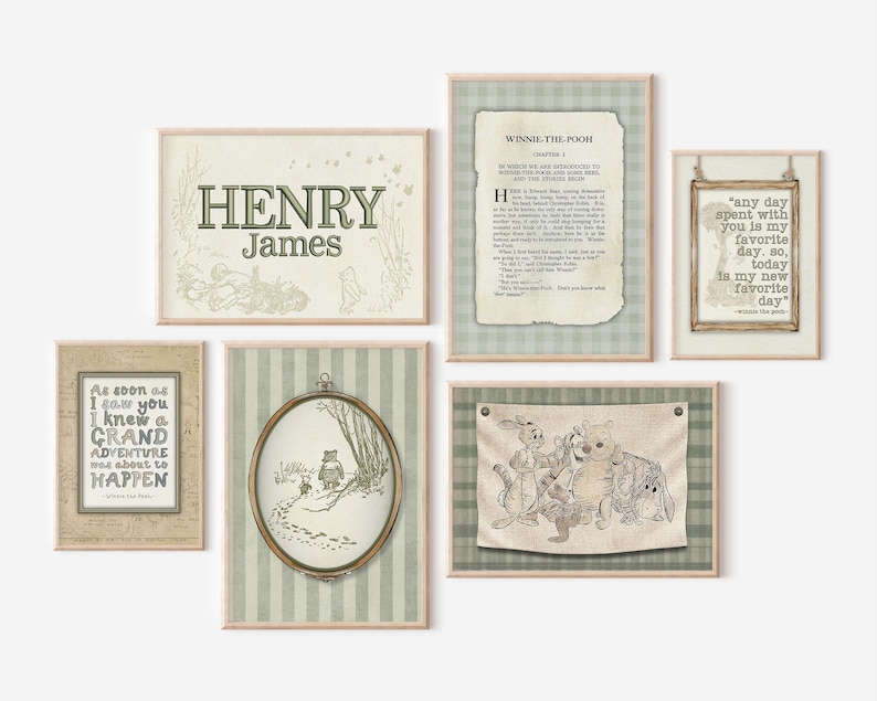 May include: A set of framed art prints with Winnie the Pooh imagery and quotes. The prints include text that reads "Henry James", "As soon as I saw you I knew a grand adventure was about to happen", and "any day spent with you is my favorite day."