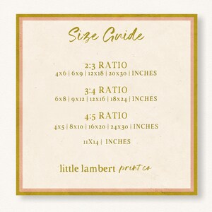 May include: A size guide for prints with different aspect ratios. The guide lists print sizes in inches for 2:3, 3:4, and 4:5 ratios. The text "little lambert print co" is at the bottom of the guide.