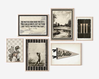 Vintage golf sports theme gallery wall art set of 6 printable boy nursery decor, golf room wall art customizable name pennant flag banner