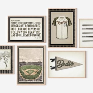 Baseball Wall Art Gallery Set Of Six Sports Nursery Decor for Boys Room Vintage Style Sport Theme Retro Baseball Custom Pennant Flag Banner