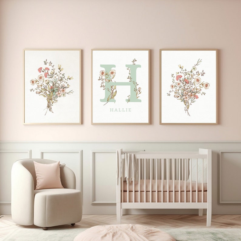 Girls Set of 3 Blush Pink Wall Art Nursery Prints Custom Floral Name ...