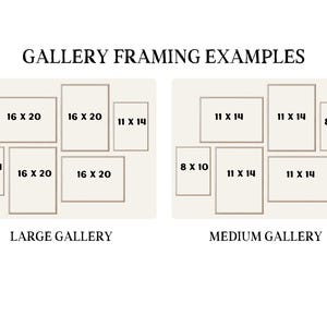 May include: Image showing gallery framing examples. The text reads "GALLERY FRAMING EXAMPLES." Two arrangements are displayed: "LARGE GALLERY" with frames in sizes 40.6x50.8 and 27.9x35.6 cm, and "MEDIUM GALLERY" with frames in sizes 20.3x25.4 and 27.9x35.6 cm.