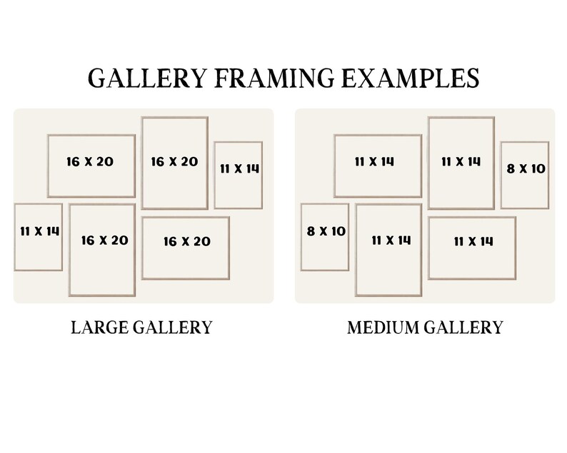 May include: Image showing gallery framing examples. The text reads "GALLERY FRAMING EXAMPLES." Two arrangements are displayed: "LARGE GALLERY" with frames in sizes 40.6x50.8 and 27.9x35.6 cm, and "MEDIUM GALLERY" with frames in sizes 20.3x25.4 and 27.9x35.6 cm.