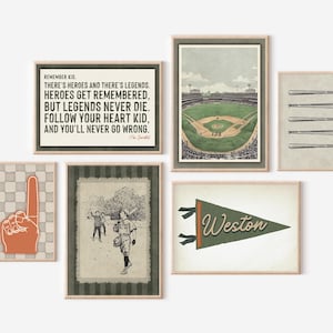 Baseball Art Boys Room Set of 6 Gallery Wall Baseball Quote Wall Art Custom Name Pennant Flag Printable Sports Nursery Boho Boys Room Decor