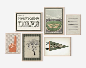 Baseball Art Boys Room Set of 6 Gallery Wall Baseball Quote Wall Art Custom Name Pennant Flag Printable Sports Nursery Boho Boys Room Decor