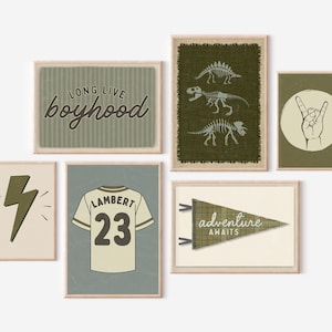 Boys Gallery Wall Art Set 6 Dinosaur Poster Adventure Awaits Pennant Flag Long Live Boyhood Retro 3D Lightning Bolt Custom Jersey Boho Boy