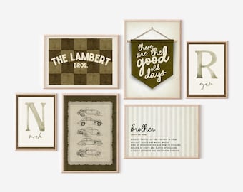 Brotherhood Wall Art Personalized Gallery Set 6 Brothers Gallery, Pennant Flag Banner, Vintage Cars, Brothers Nursery Decor Neutral Boho Boy