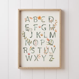 Póster con alfabeto ABC de Woodland para guardería, arte de pared con acuarela verde, decoración para dormitorio infantil, póster educativo para educación en el hogar, regalo para baby shower, sala de juegos