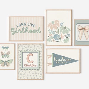 Girls Gallery Wall Set of 6 Prints Blush Pink Nursery Decor Pastel Neutral Muted Custom Name Retro Flowers Rainbow Butterflies Long Live