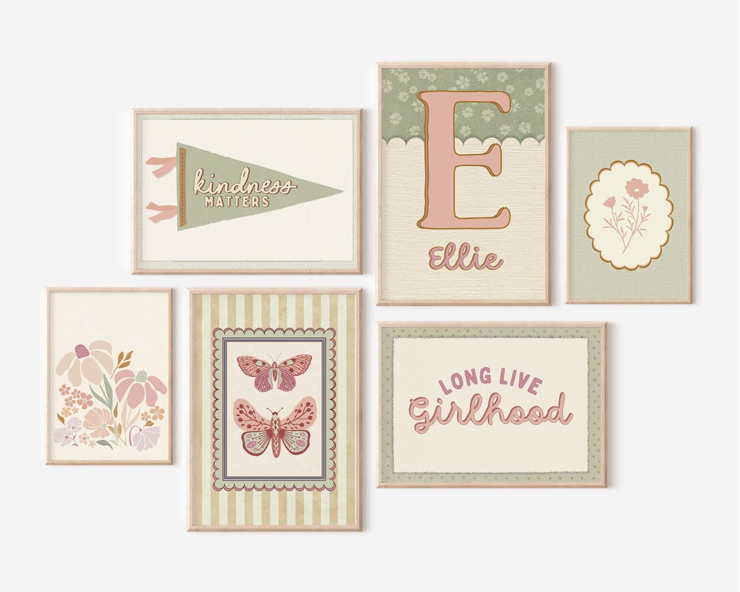 Girls Gallery Wall Set of 6 Prints Blush Pink Nursery Decor Pennant ...