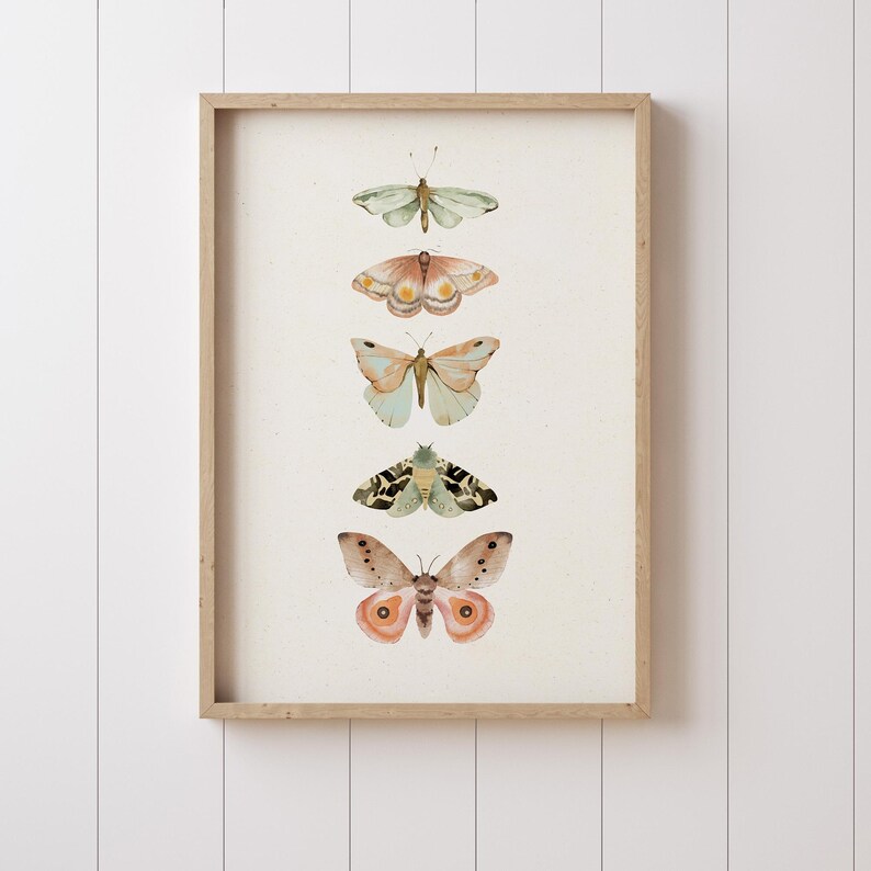 May include: A framed print featuring five watercolor illustrations of butterflies and moths in various shades of green, brown, and pink. The butterflies and moths are arranged vertically in a row.