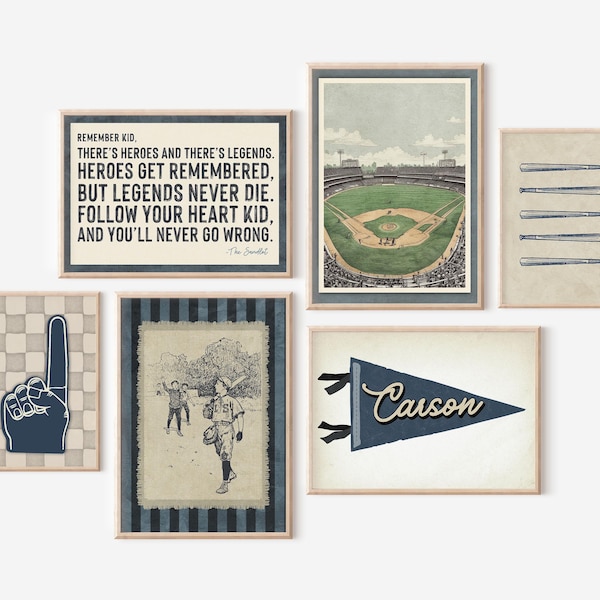 Baseball Art Boys Room Set of 6 Gallery Wall Baseball Quote Wall Art Custom Name Pennant Flag Printable Sports Nursery Boho Boys Room Decor