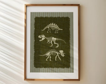 Kids Dinosaur Poster for Boys Room Dinosaur Skeleton T-rex poster Triceratops Stegosaurs Dino Nursery Decor Wall Art Blue Nursery Printable