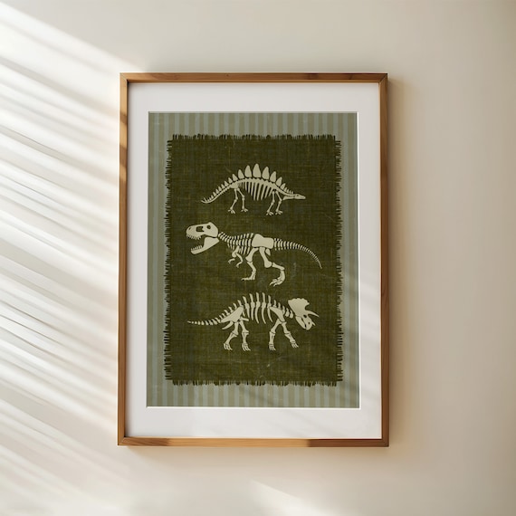 Kids Dinosaur Poster for Boys Room Dinosaur Skeleton T-rex poster Triceratops Stegosaurs Dino Nursery Decor Wall Art Blue Nursery Printable