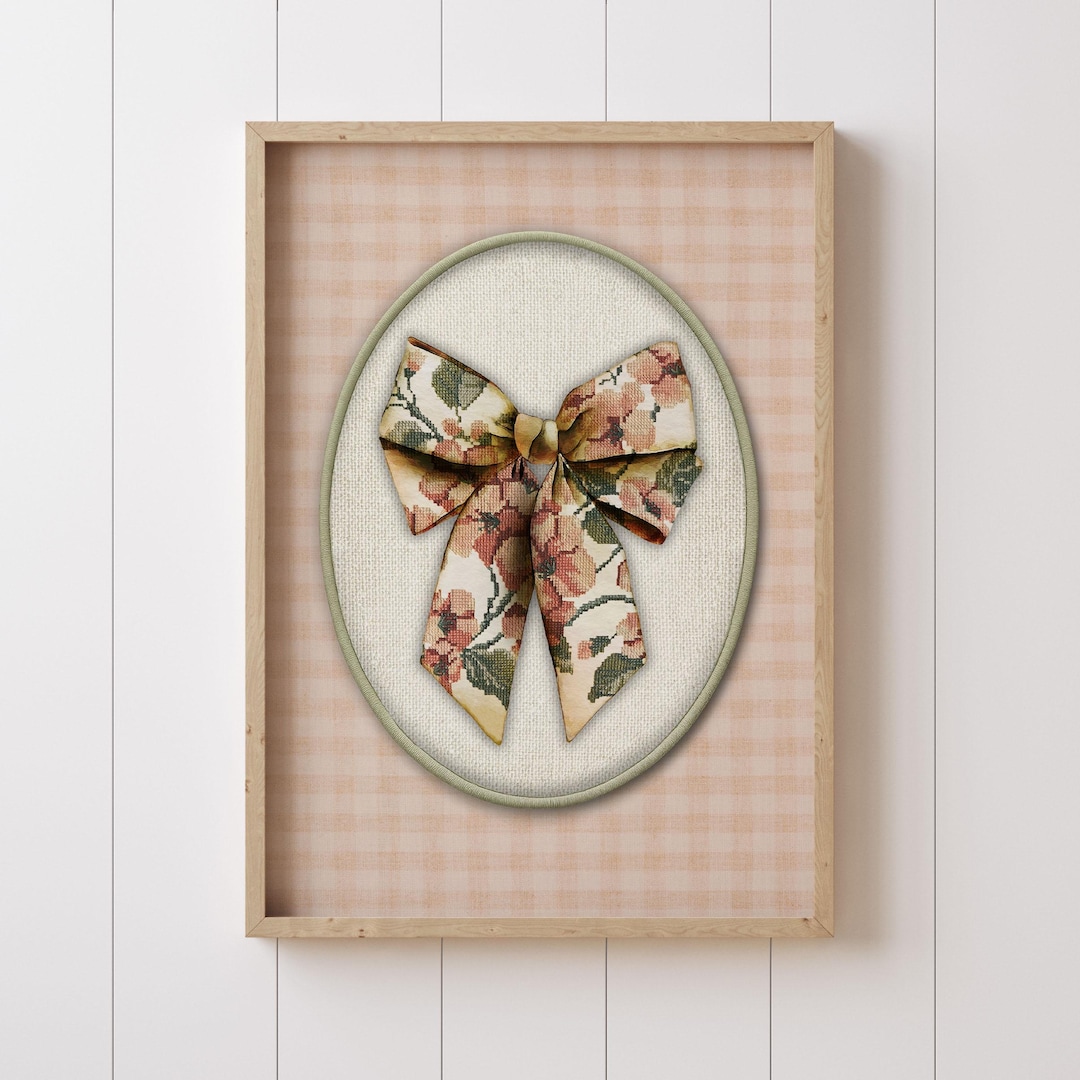 Vintage Embroidered Floral Bow Nursery Wall Art Blush Pink Gingham Baby ...