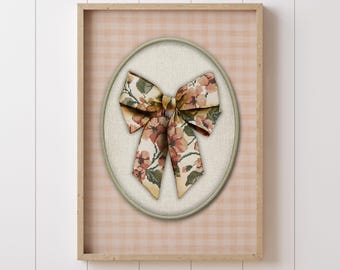 Vintage Embroidered Floral Bow Nursery Wall Art Blush Pink Gingham Baby Girl Decor Heirloom Cross Stitch Print, Cottagecore Grandmillennial