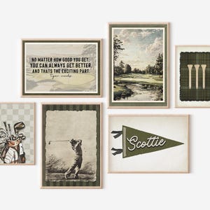 Juego de 6 pósteres de golf vintage para habitación de niños, diseño de galería de pared, regalo de golfista, decoración de cueva de hombre, banderín personalizado, estampado de bandera, guardería deportiva estilo bohemio.