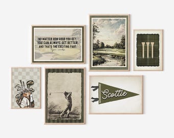 May include: A set of framed golf-themed art prints. The prints depict golf course scenes, golf equipment, and motivational quotes. One print includes the text "NO MATTER HOW GOOD YOU GET, YOU CAN ALWAYS GET BETTER. AND THATS THE EXCITING PART. Tiger Woods."