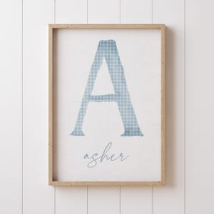 Blue Gingham Nursery Decor Newborn Name Sign  Baby Boy Sign Custom Name Print Watercolor Gingham Check Baby Boy Wall Art Printable Baby Name