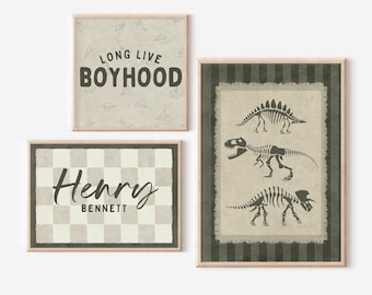 Boys Gallery Wall Art Set of 3 Dinosaur Poster Long Live Boyhood Retro Checkerboard Personalized Name Print Neutral Minimalist Boho Boy Room