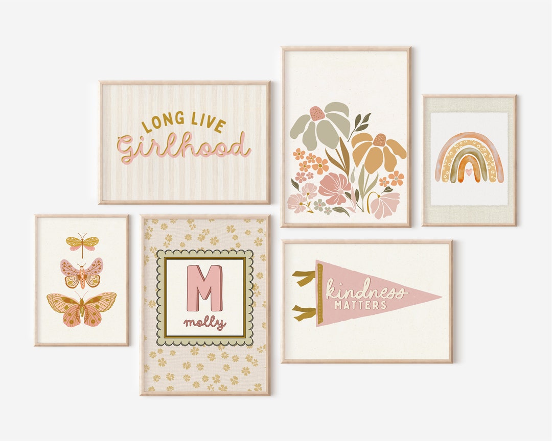 Girls Gallery Wall Set of 6 Prints Blush Pink Nursery Decor Pastel ...