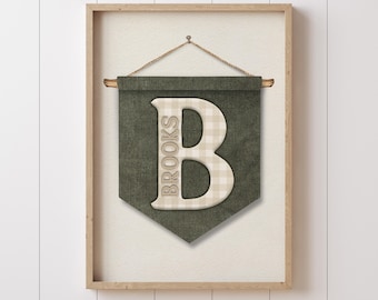 Custom Name Pennant Embroidered Letter Wall Hanging Personalized Monogram Nursery Banner Neutral Gingham Baby Room Decor Baby Shower Gift