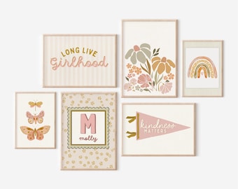 Girls Gallery Wall Set of 6 Prints Blush Pink Nursery Decor Pastel Neutral Muted Custom Name Retro Flowers Rainbow Butterflies Long Live
