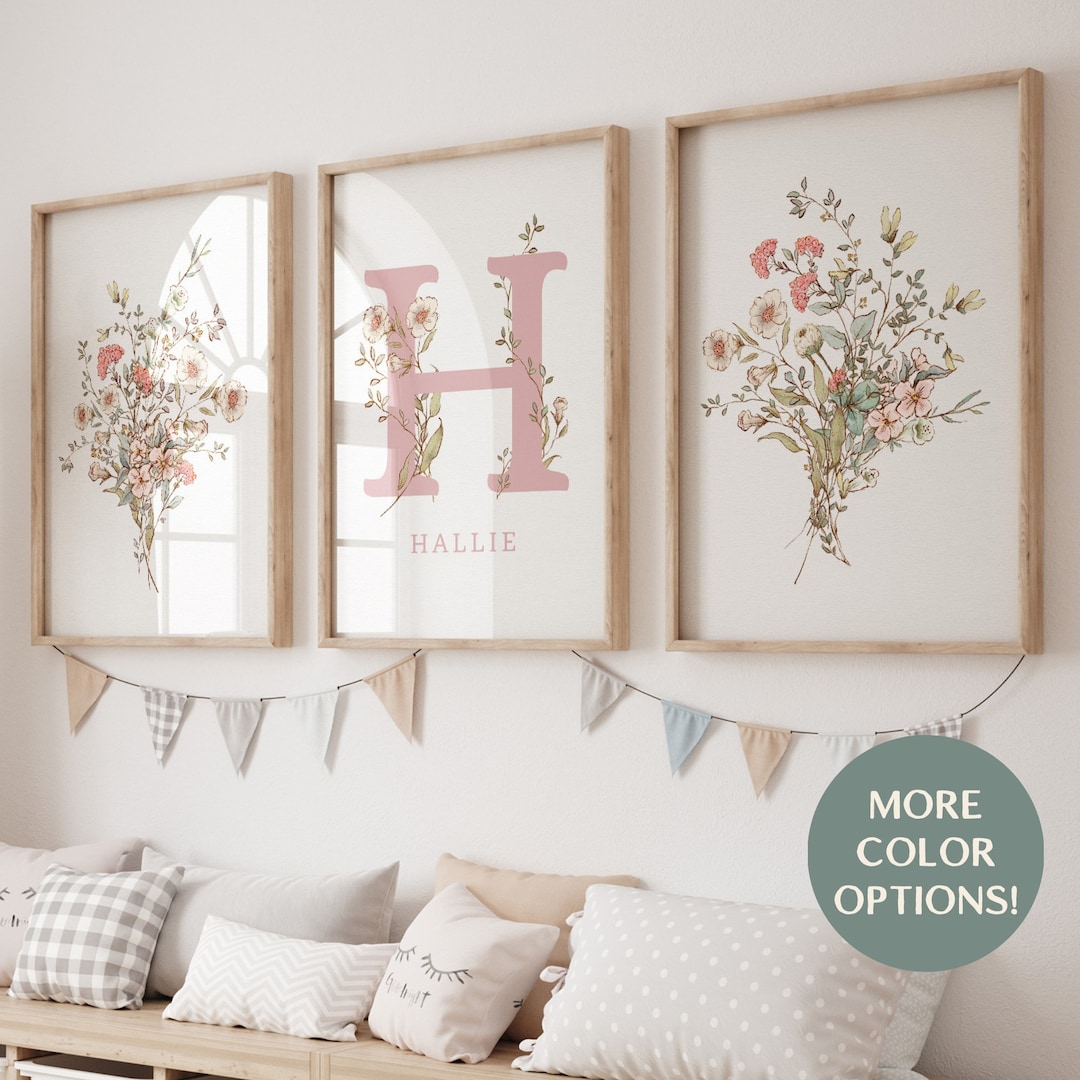 Girls Set of 3 Blush Pink Wall Art Nursery Prints Custom Floral Name ...