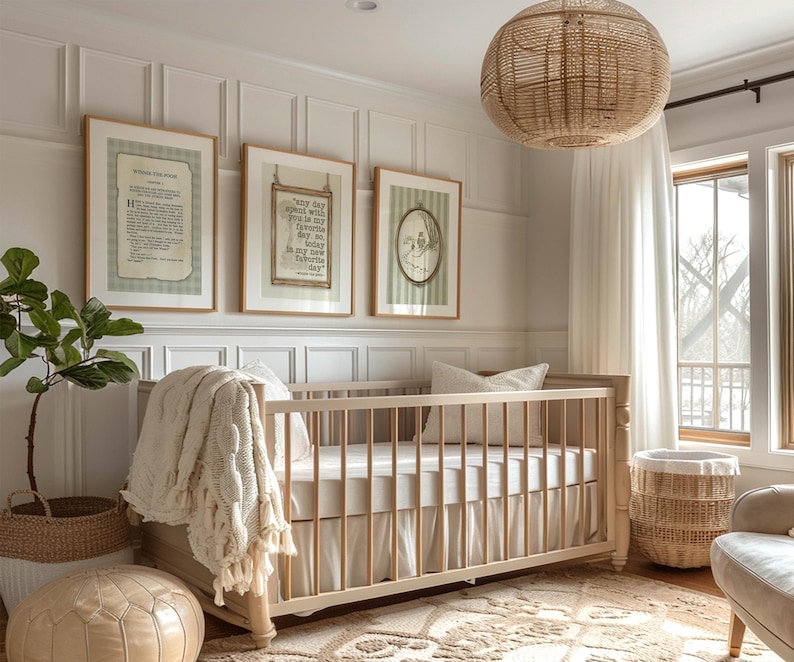 May include: A light wood cot with a white mattress and a cream-coloured blanket. Three framed prints hang above the cot. A woven basket and a leather ottoman are in the foreground. A large woven light fixture hangs from the ceiling.