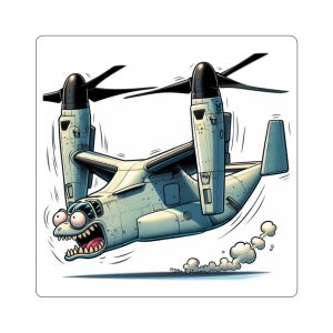 May include: A cartoon sticker of a military aircraft with a comical, exaggerated expression. The aircraft is light gray with black propellers and a wide-open mouth with sharp teeth. White smoke trails behind it.