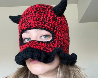 Red and Black Devil horn crocheted balaclava