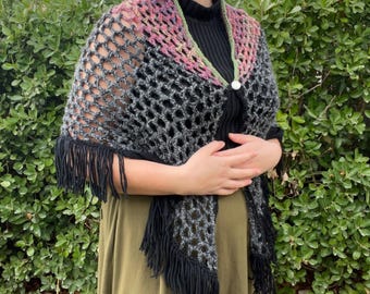 Pink, green, black crocheted shawl