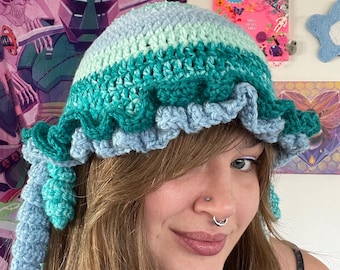 Crochet Jellyfish Hat with Ruffled Tentacles – Blue Yarn Beanie