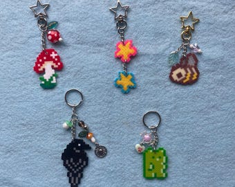 Cottagecore Perler keychains, mushroom, crow, gummy bear, stars, bee