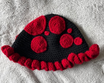 Red and black mushroom crochet bucket hat / beanie