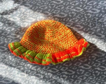 Split color green and orange crocheted bucket hat / ruffle hat