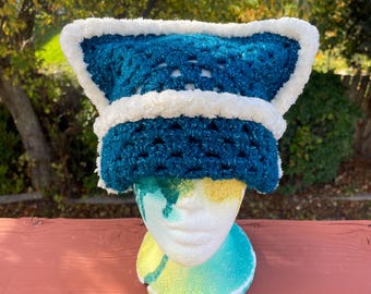 Sparkly blue/teal fuzzy granny square cat ear beanie
