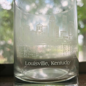 Louisville Kentucky Skyline Ohio River Rocks Glass Etched Bourbon Glass Lowball Whiskey Glass Barware Set