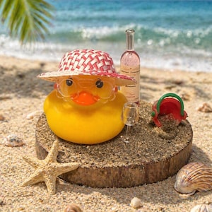 May include: A yellow rubber duck wearing a red and white straw hat and clear glasses, with a bottle of pink wine and a small glass. The scene is set on a sandy beach with seashells and a starfish.