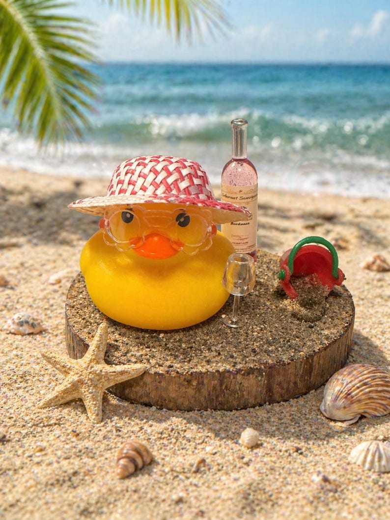 May include: A yellow rubber duck wearing a red and white straw hat and clear glasses, with a bottle of pink wine and a small glass. The scene is set on a sandy beach with seashells and a starfish.