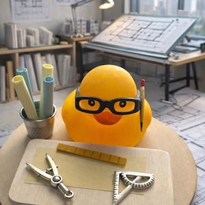 May include: A whimsical image of a yellow rubber duck wearing black glasses and holding a pencil, set up as an architect. Drafting tools and blueprints are on a wooden table, with rolled-up paper tubes in a metal bucket.
