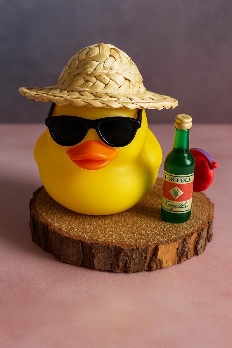 May include: A yellow rubber duck wearing black sunglasses and a straw hat, with an orange beak. Beside the duck is a small green bottle with a red label that reads "Los Eoll Cogilla". The duck is on a wooden slice.