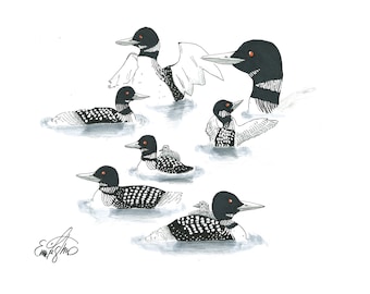 May include: A black and white illustration of a family of loons swimming in a lake. The loons have red eyes and are depicted in various poses, including swimming, diving, and resting. The illustration is done in a simple, minimalist style.