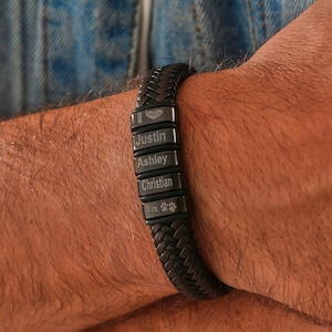 Gepersonaliseerde herenarmband, handgemaakte lederen kralensieraden met kindernamen, Vaderdag, kerstverjaardagscadeaus voor hem vader kind vriendje
